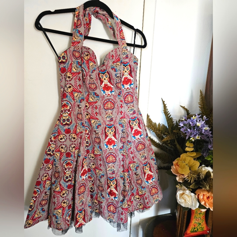 Matryoshka Pattern Pinup Halter Dress Banned Apparel Size S